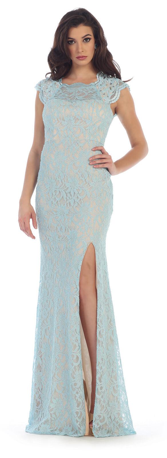 Long Formal Plus Size Cap Sleeve Lace Prom Dress - The Dress Outlet May Queen