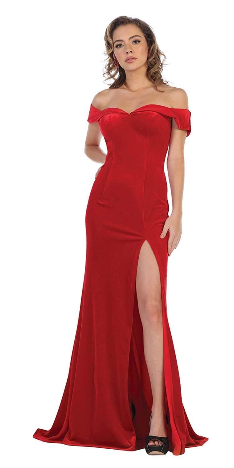 Long Formal Prom Dress Evening Velvet Off Shoulder - The Dress Outlet May Queen