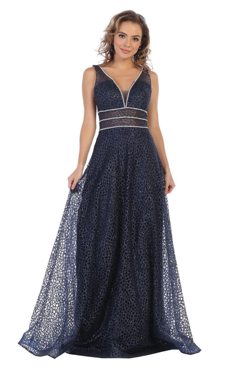 Long Formal Prom Dress with Illusion Waist - The Dress Outlet May Queen