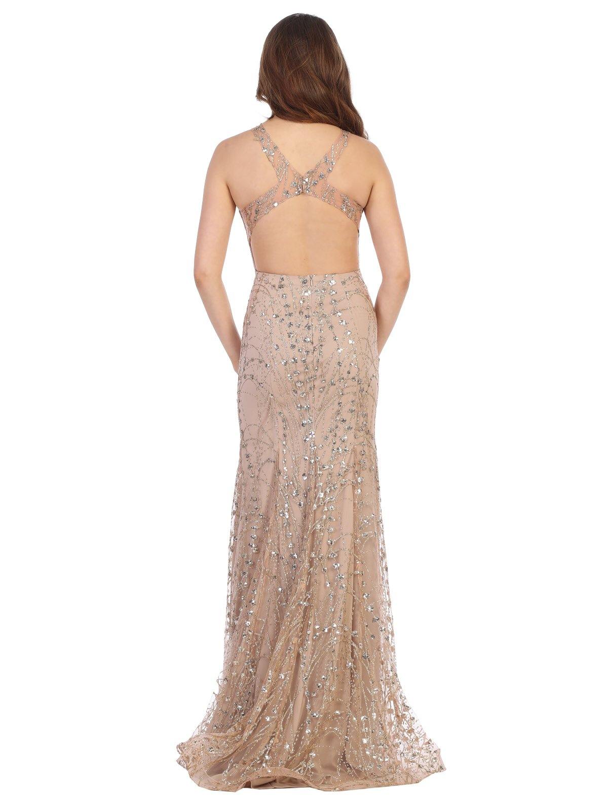 Long Formal Sequins Mesh Evening Prom Dress - The Dress Outlet May Queen