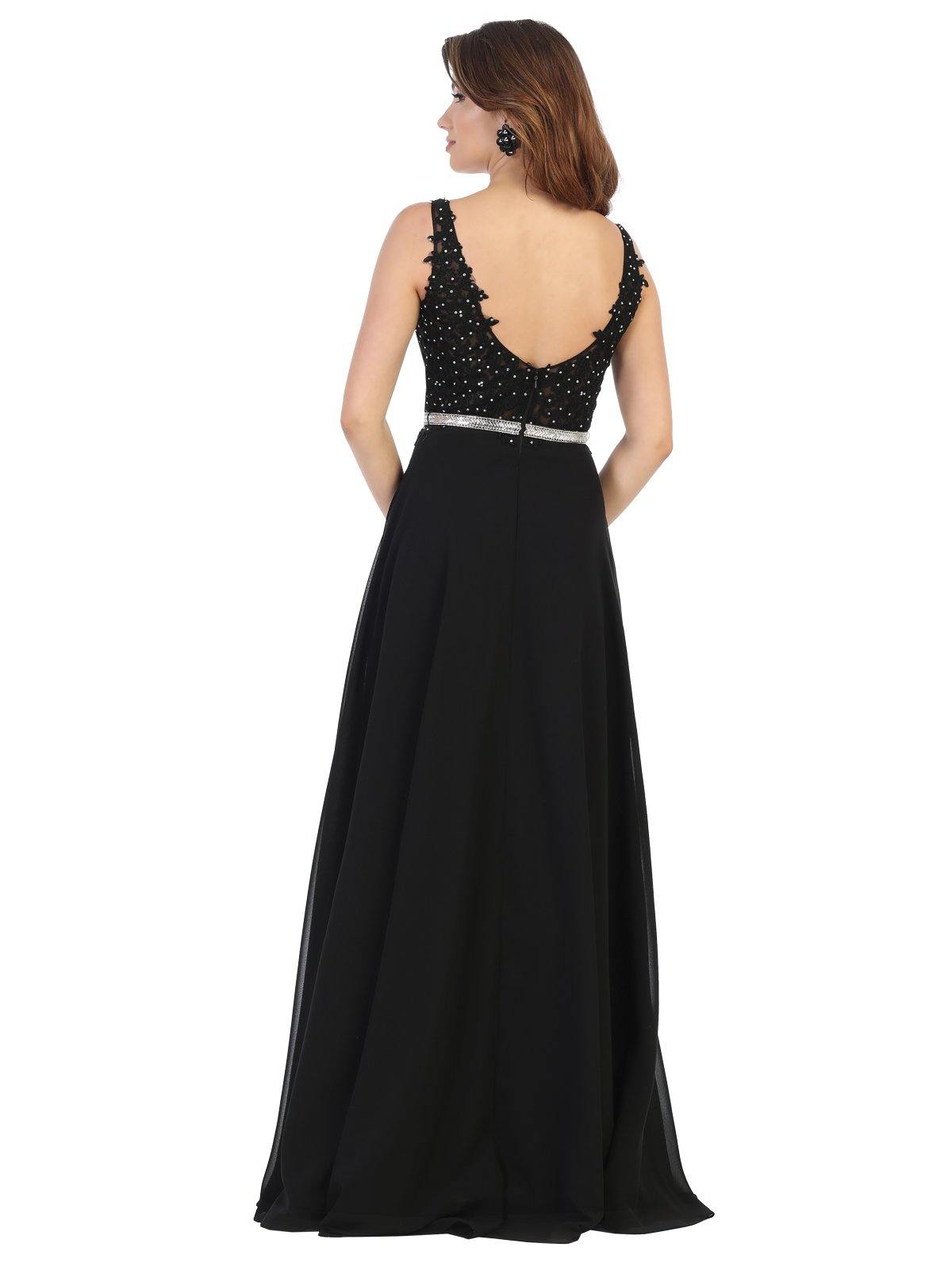 Long Formal Sleeveless Lace Applique Chiffon Dress - The Dress Outlet May Queen