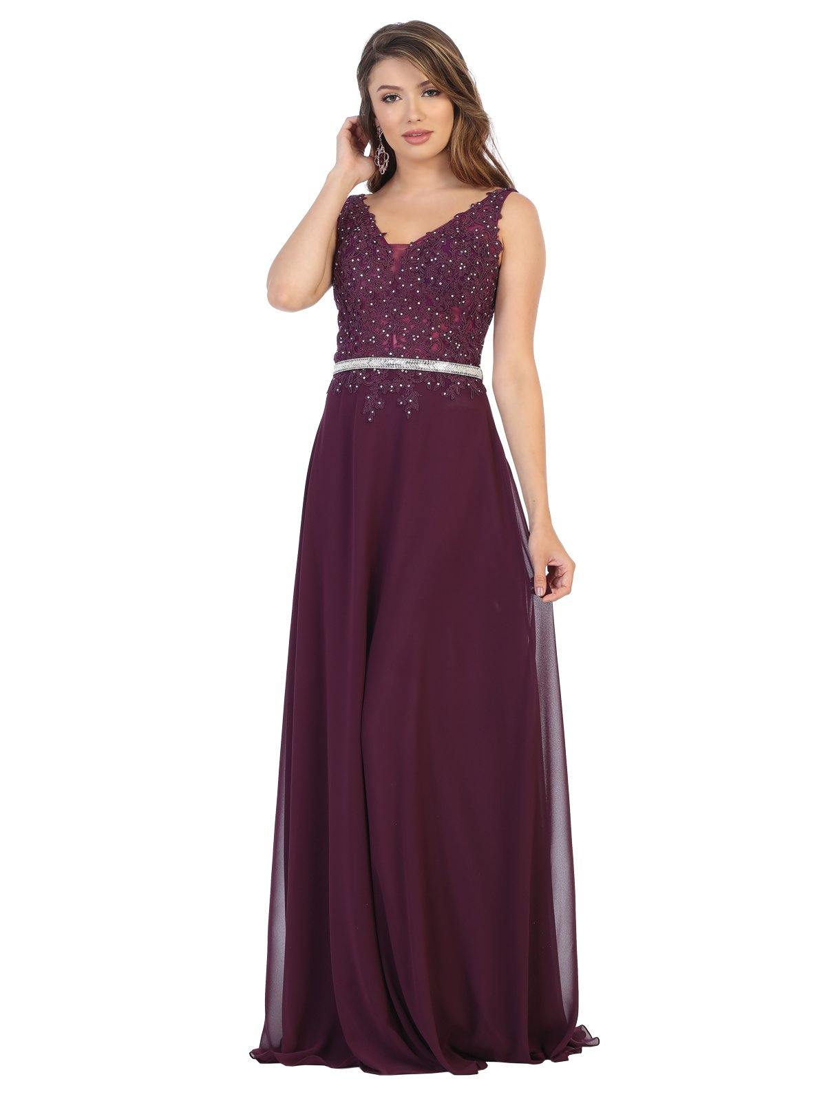 Long Formal Sleeveless Lace Applique Chiffon Dress - The Dress Outlet May Queen