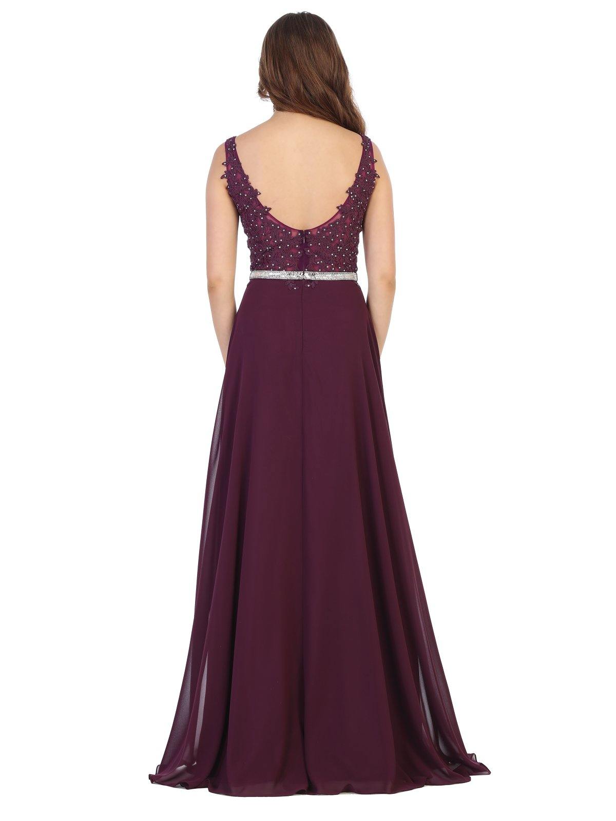 Long Formal Sleeveless Lace Applique Chiffon Dress - The Dress Outlet May Queen