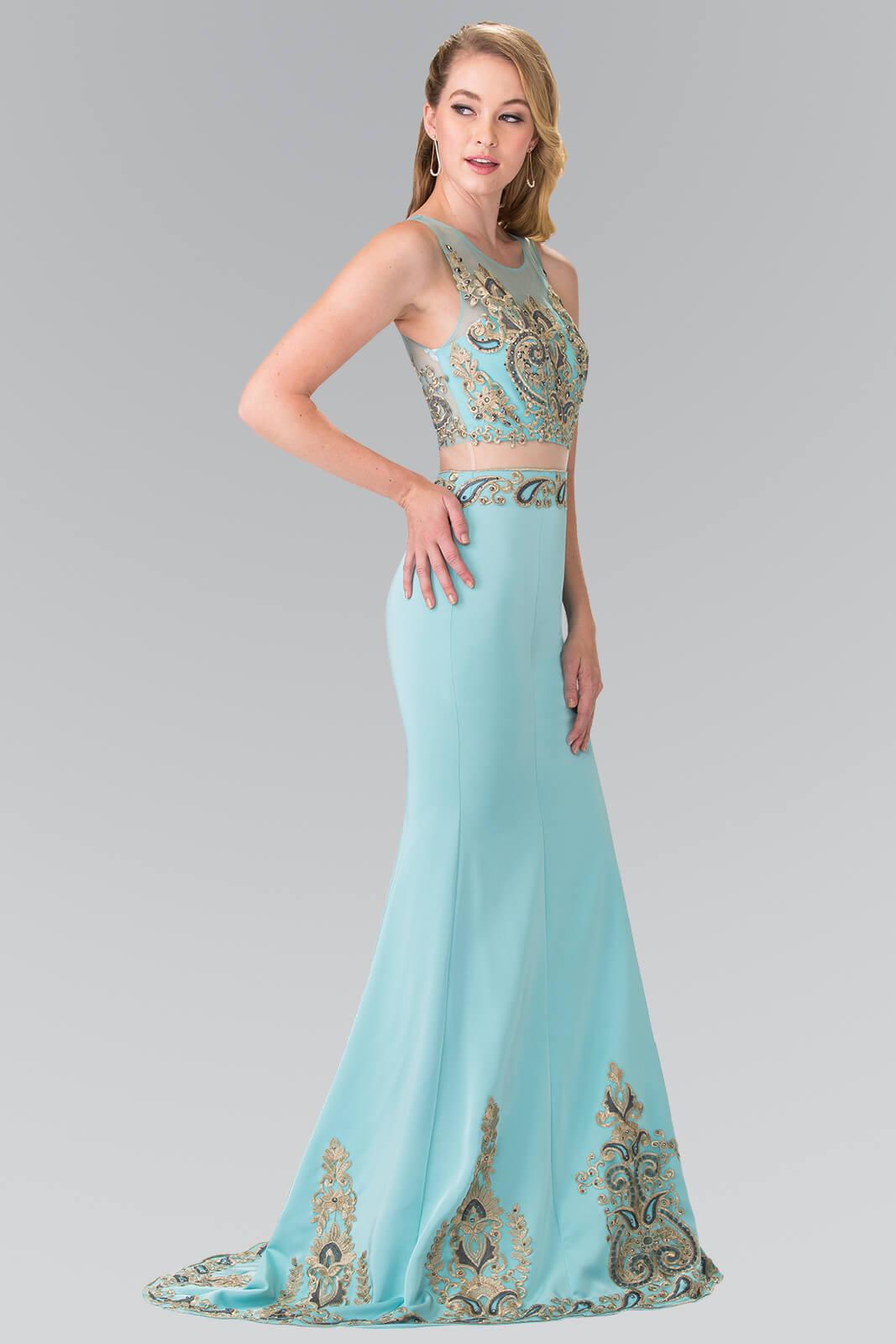 GLS Long Formal Sleeveless Mock Two Piece Prom Dress - Blush - Size M - Embroidered Sheer Bodice GLS Long Formal Sleeveless Mock Two Piece Prom Dress - Blush - Size M - Embroidered Sheer Bodice