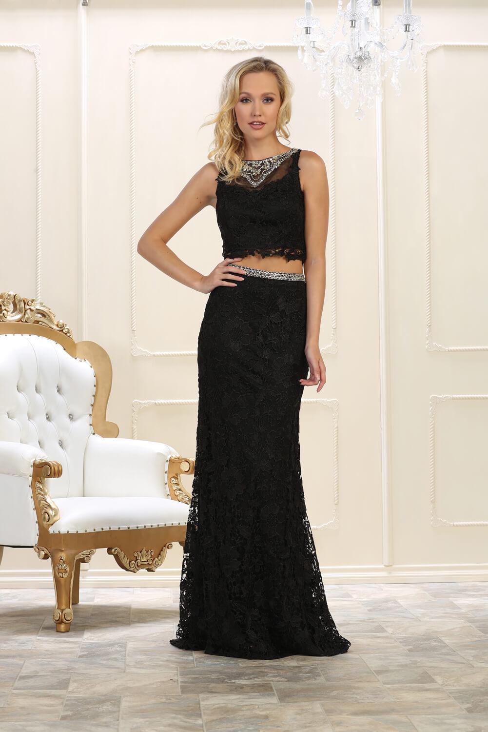 Long Formal Sleeveless Two Piece Lace Prom Dress - The Dress Outlet May Queen