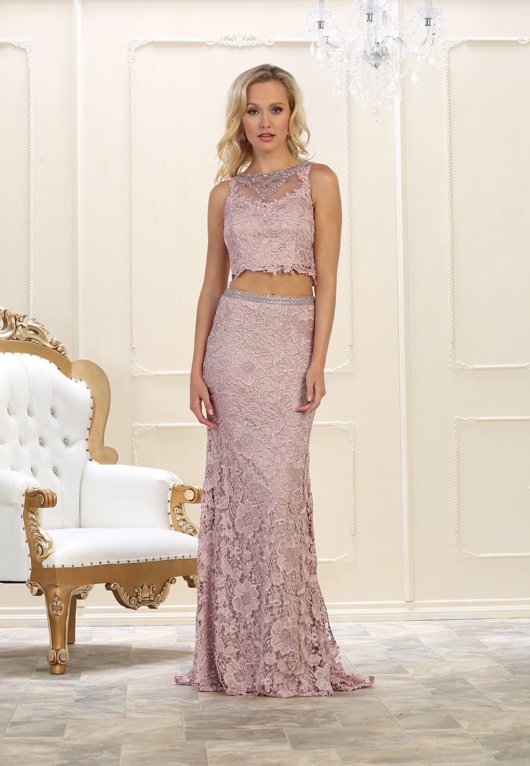 Long Formal Sleeveless Two Piece Lace Prom Dress - The Dress Outlet May Queen