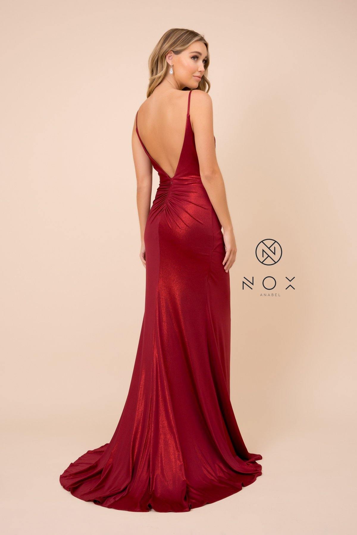 Long Formal Spaghetti Strap Fitted Metallic Dress - The Dress Outlet Nox Anabel