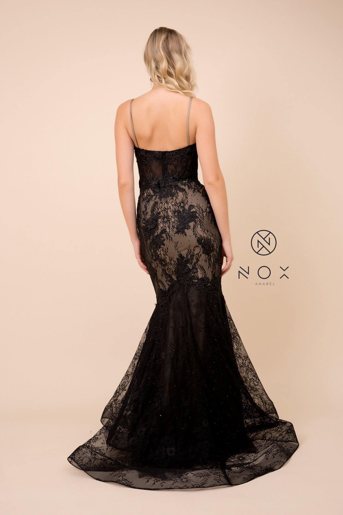 Long Formal Spaghetti Strap Mermaid Prom Lace Gown - The Dress Outlet Nox Anabel