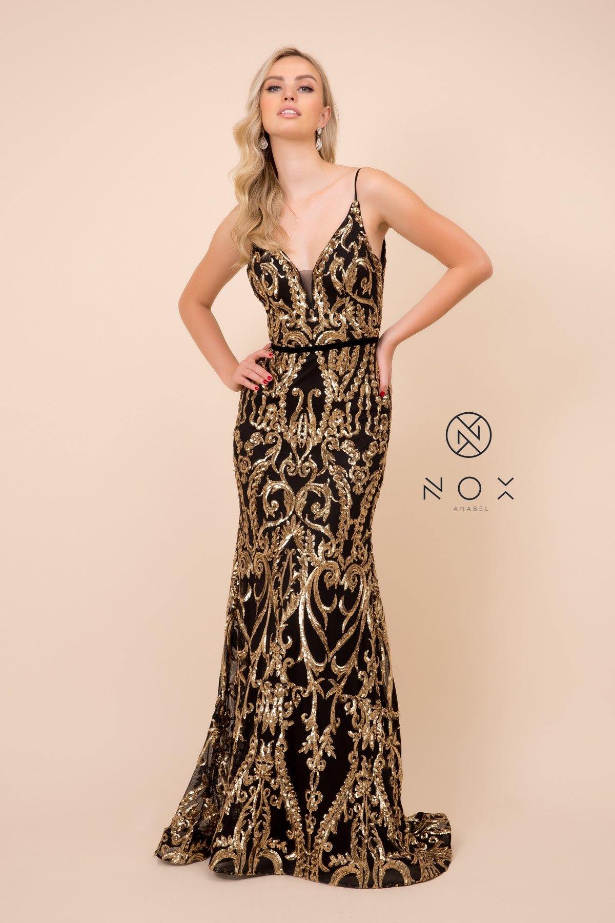 Long Formal Spaghetti Strap Sequin Print Prom Dress