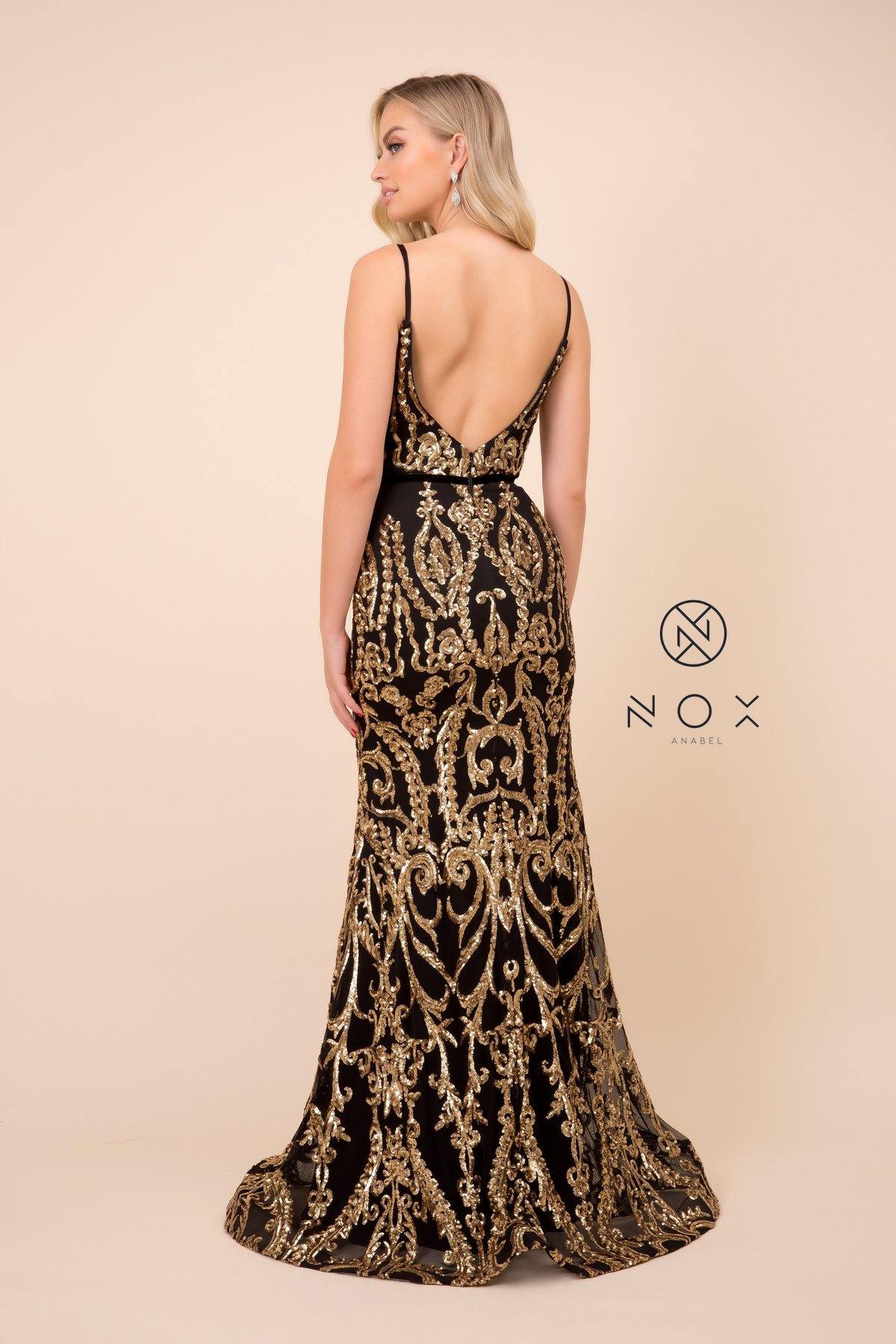 Long Formal Spaghetti Strap Sequin Print Prom Dress
