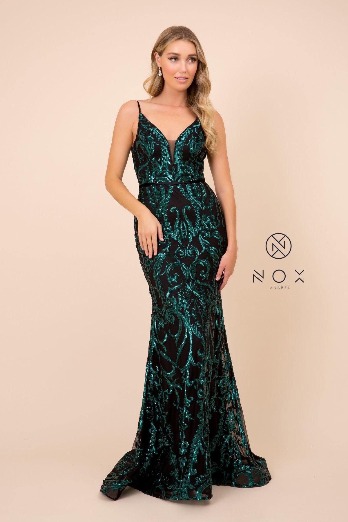 Long Formal Spaghetti Strap Sequin Print Prom Dress - The Dress Outlet Nox Anabel