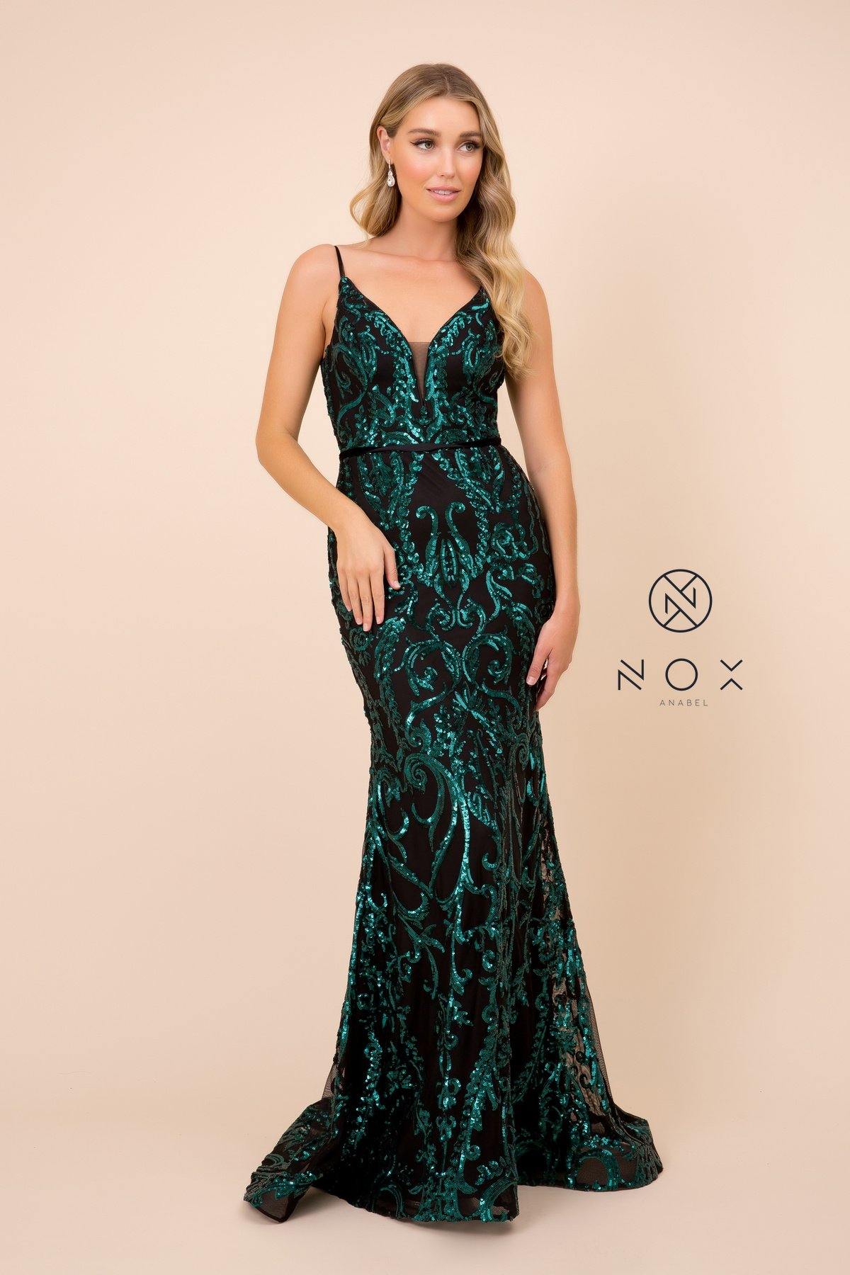 Long Formal Spaghetti Strap Sequin Print Prom Dress