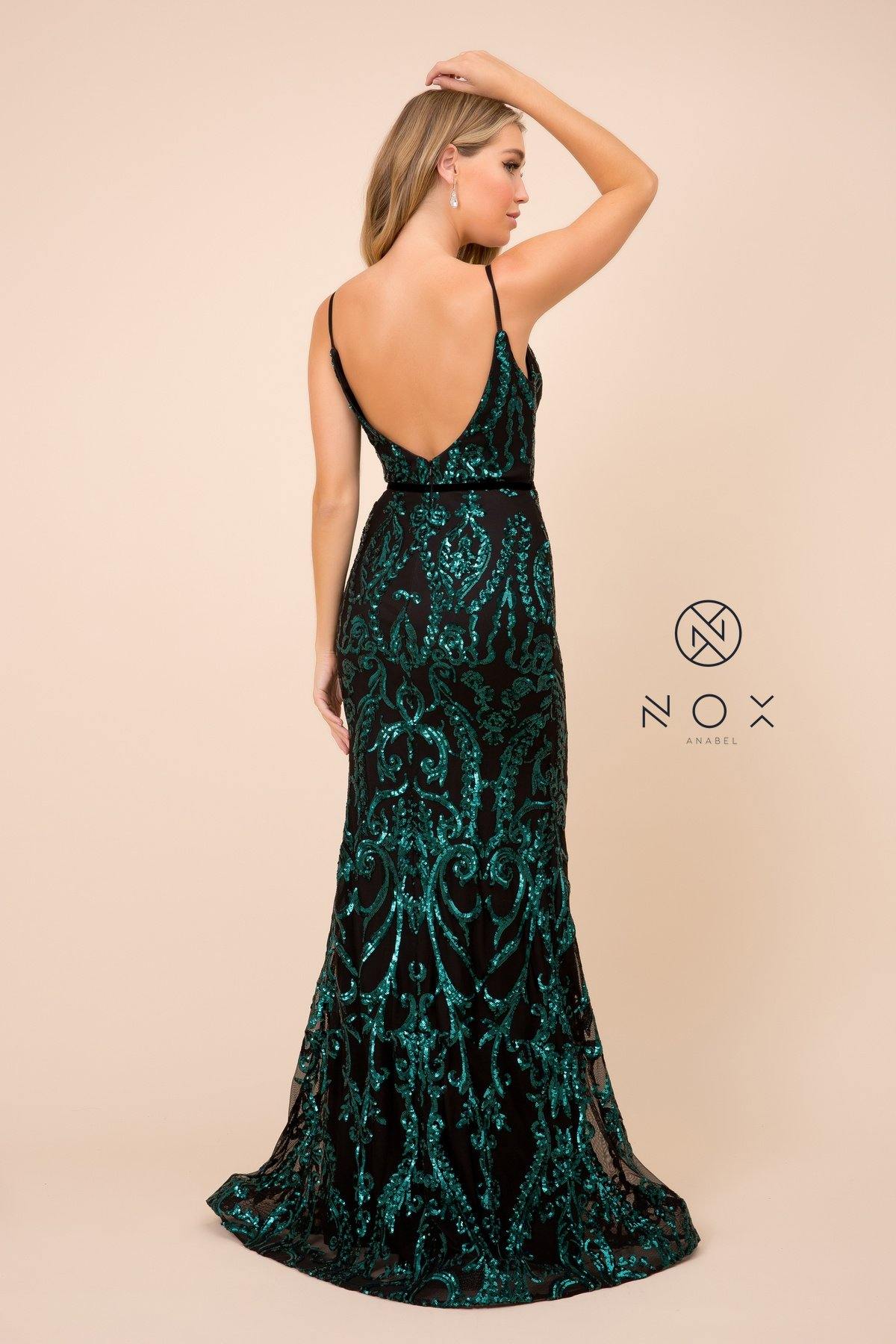 Long Formal Spaghetti Strap Sequin Print Prom Dress - The Dress Outlet Nox Anabel