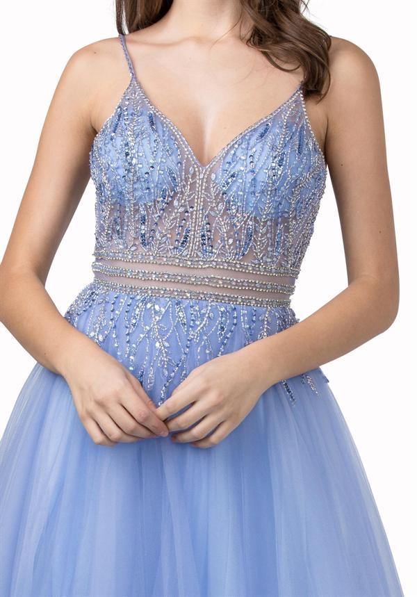 Long Formal Spaghetti Straps Beaded Prom Ball Gown - The Dress Outlet