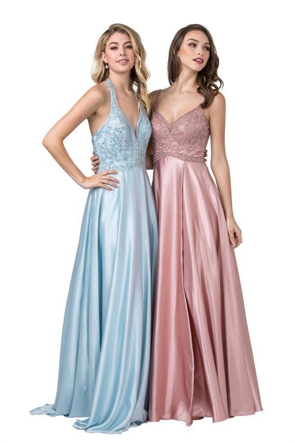 Long Formal Spaghetti Straps Beaded Prom Dress - The Dress Outlet