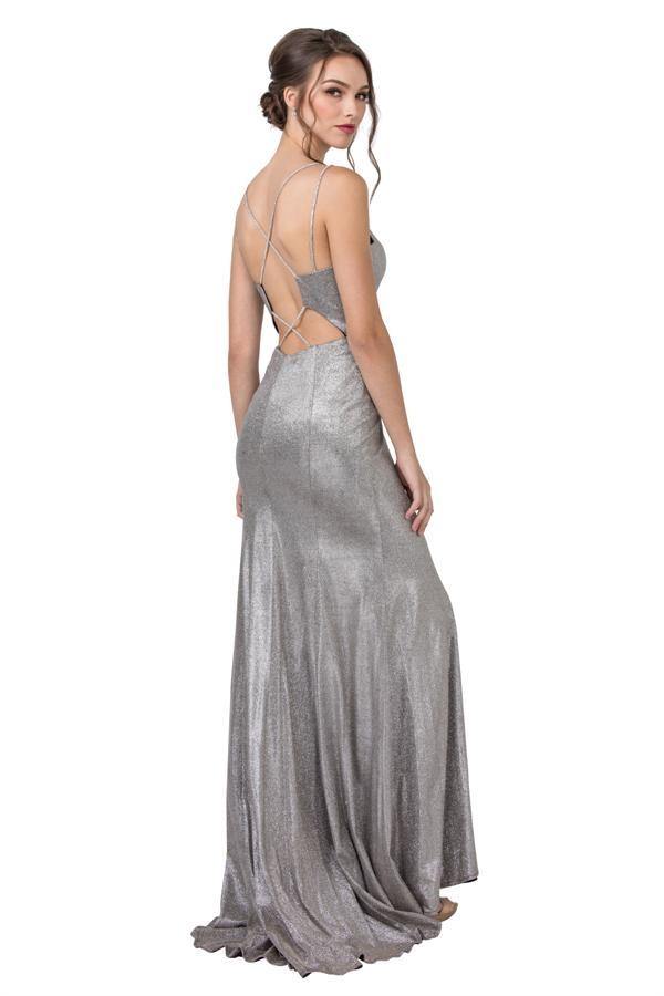 Long Formal Spaghetti Straps Prom Metallic Dress - The Dress Outlet