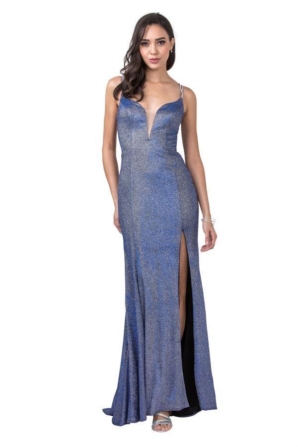 Long Formal Spaghetti Straps Prom Metallic Dress - The Dress Outlet