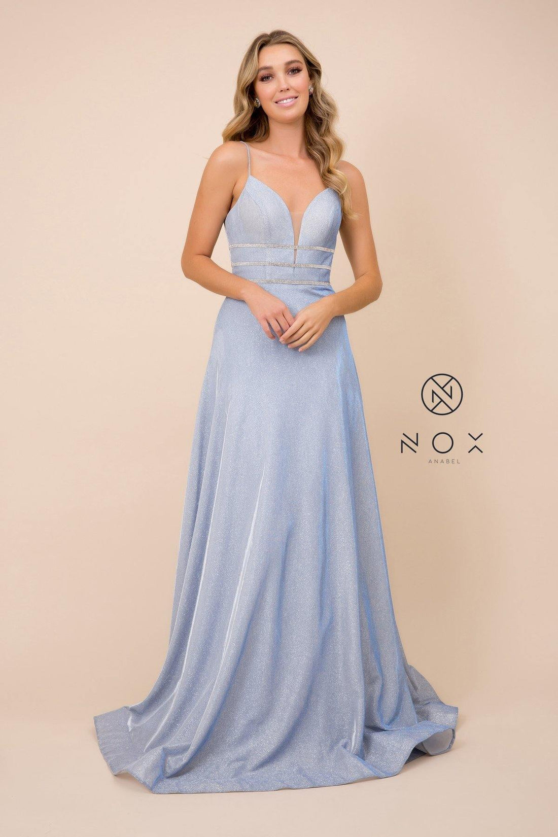 Light Blue Long Glitter Dress With Beaded Waistband for $119.99 – The