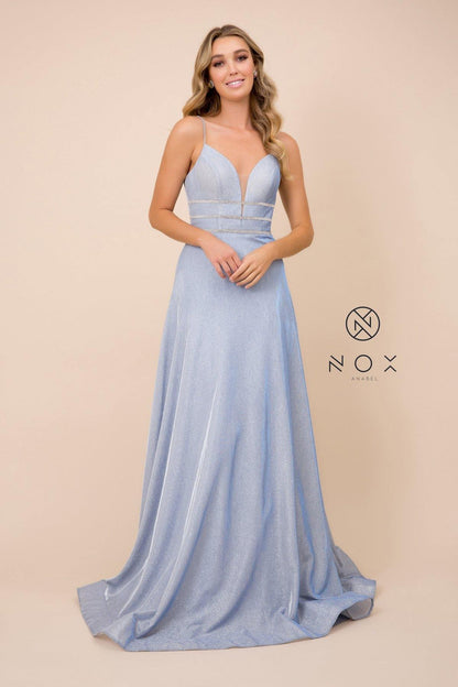 Long Glitter Dress With Beaded Waistband - The Dress Outlet Nox Anabel