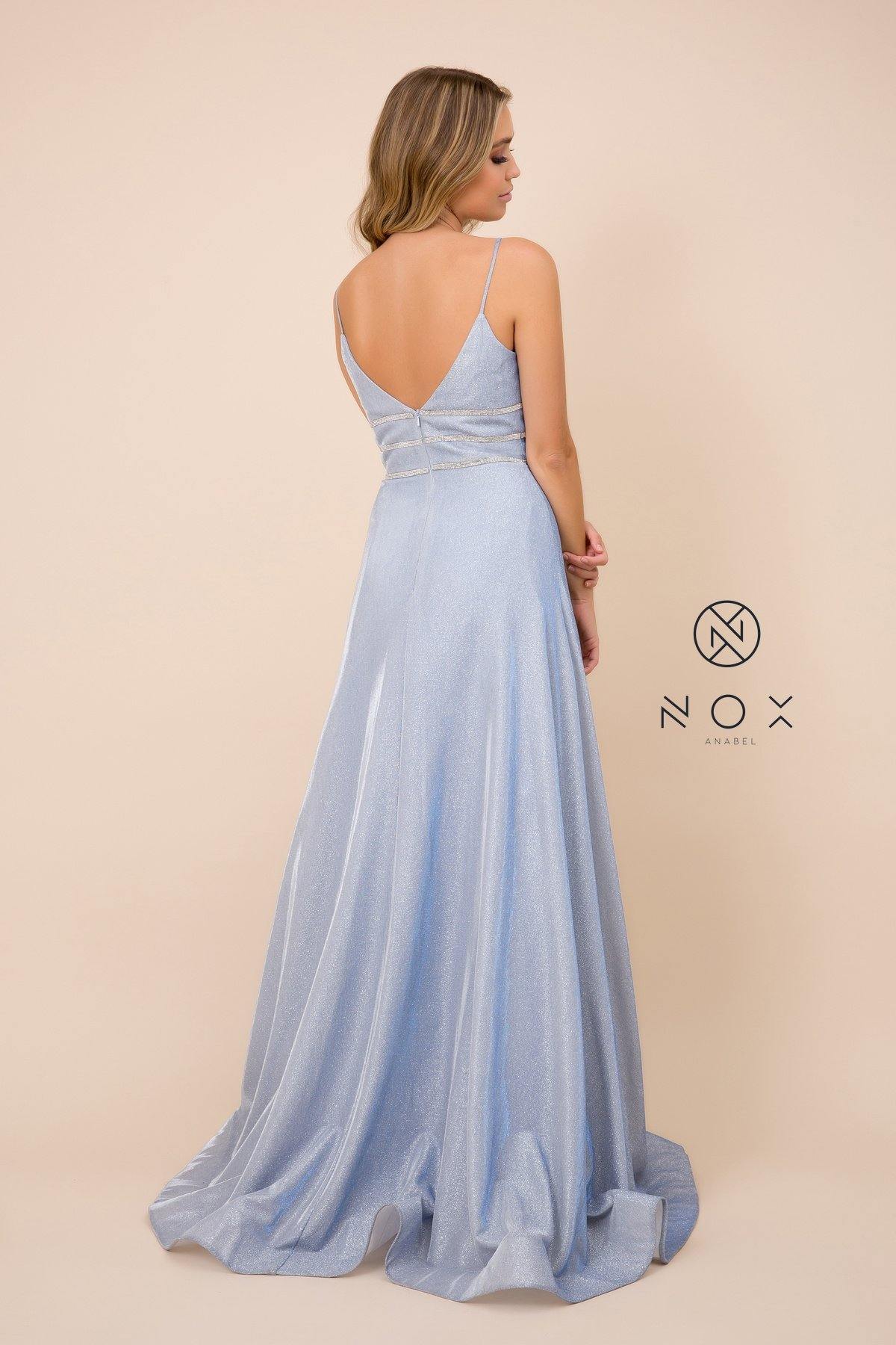 Light Blue Long Glitter Dress With Beaded Waistband for $119.99 – The