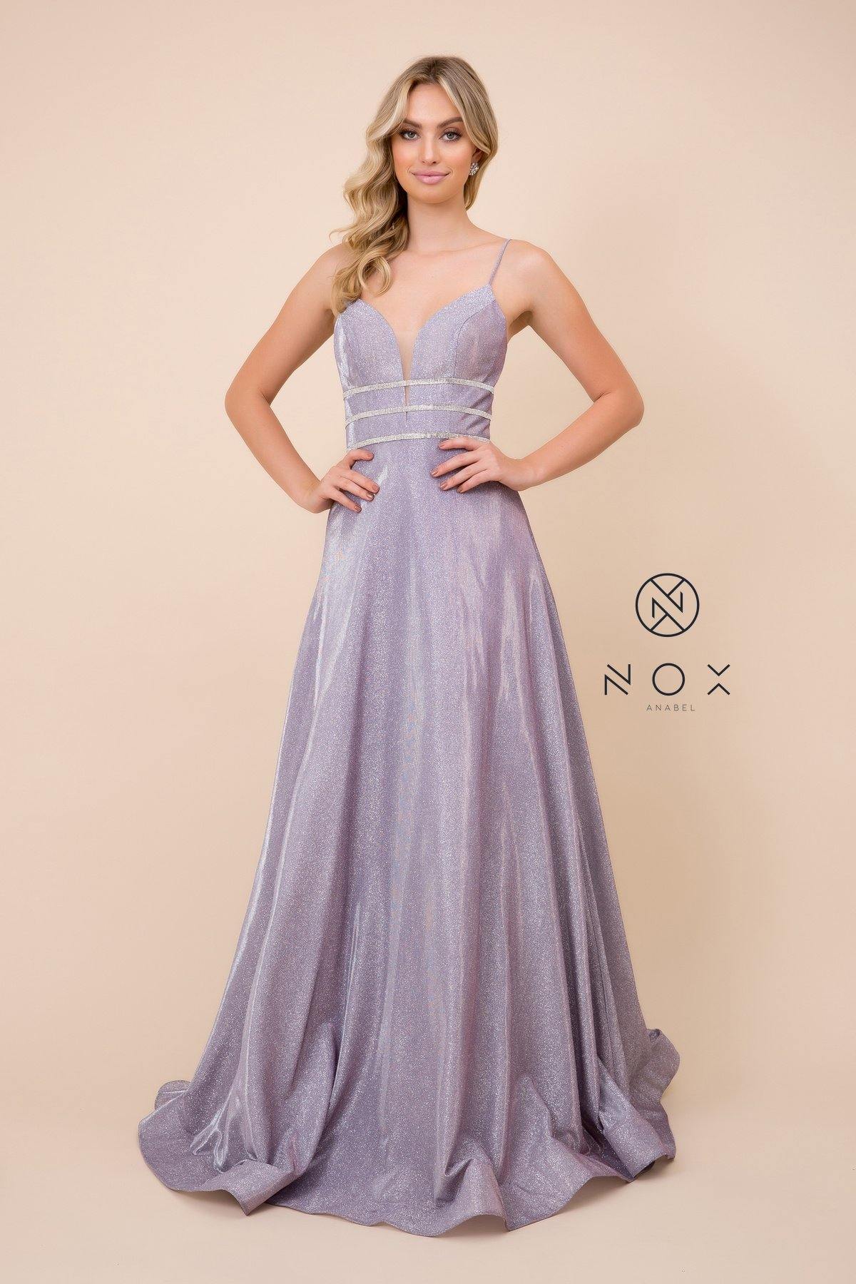 Long Glitter Dress With Beaded Waistband - The Dress Outlet Nox Anabel