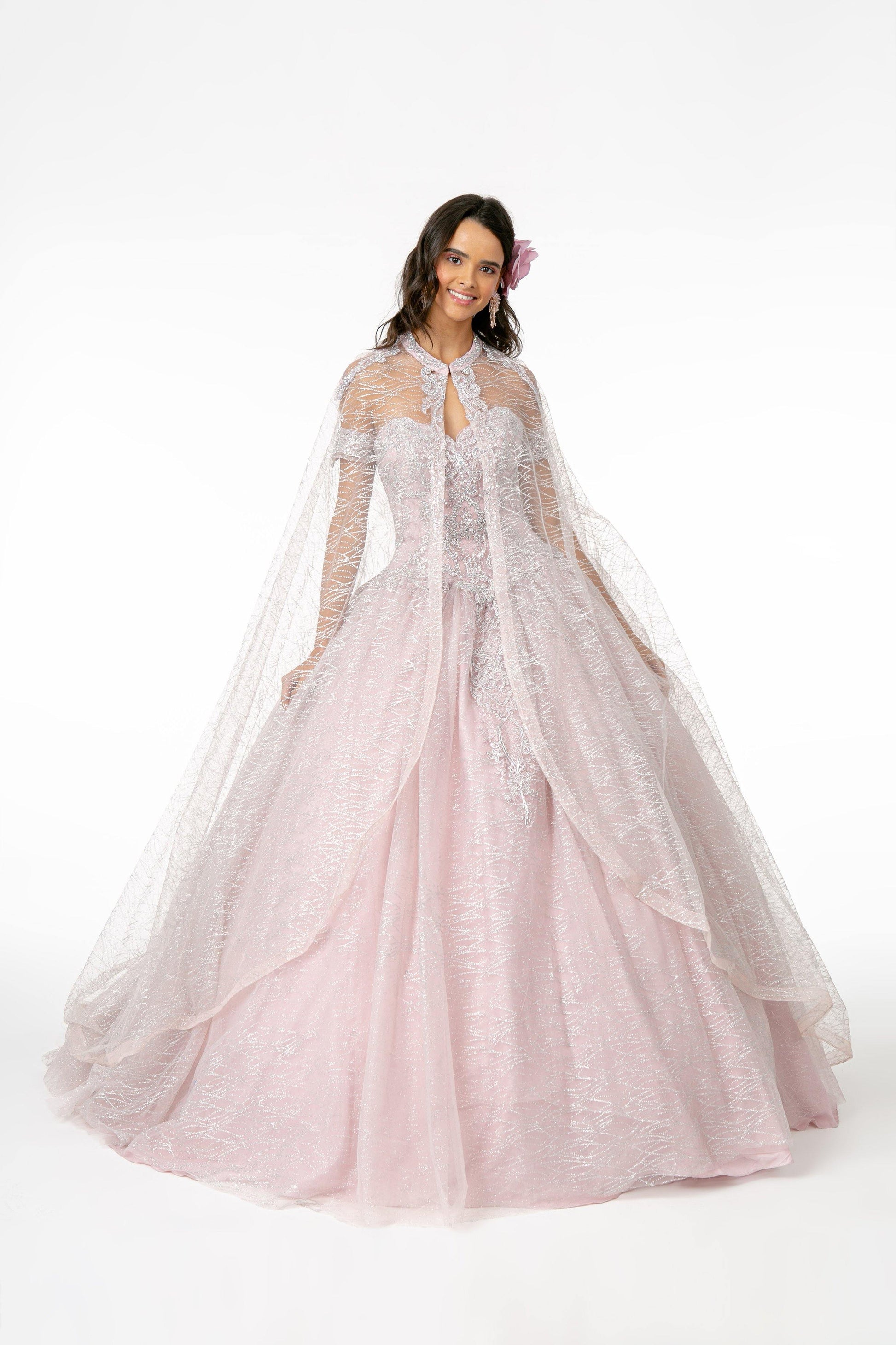 Long Glitter Mesh Quinceanera Dress with Cape