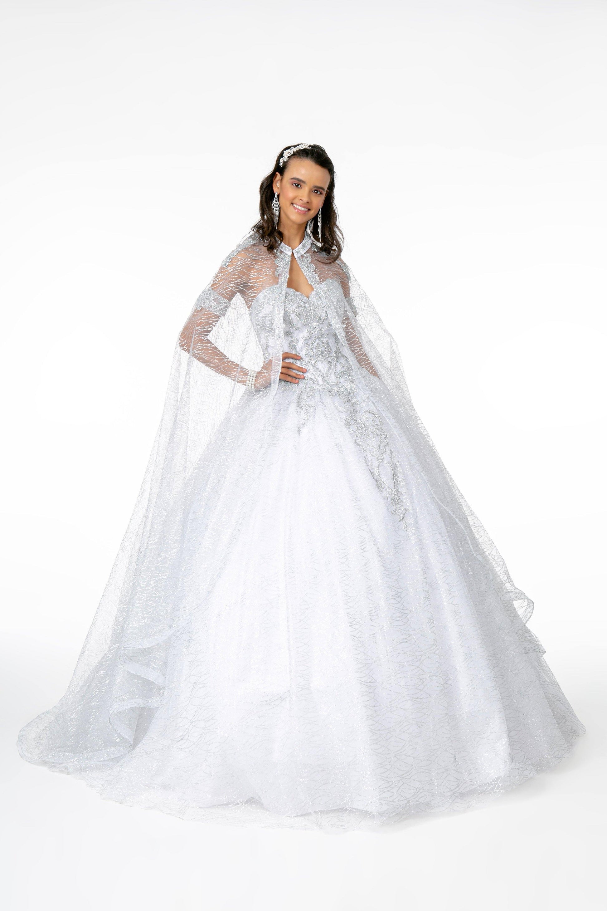 Long Glitter Mesh Quinceanera Dress with Cape