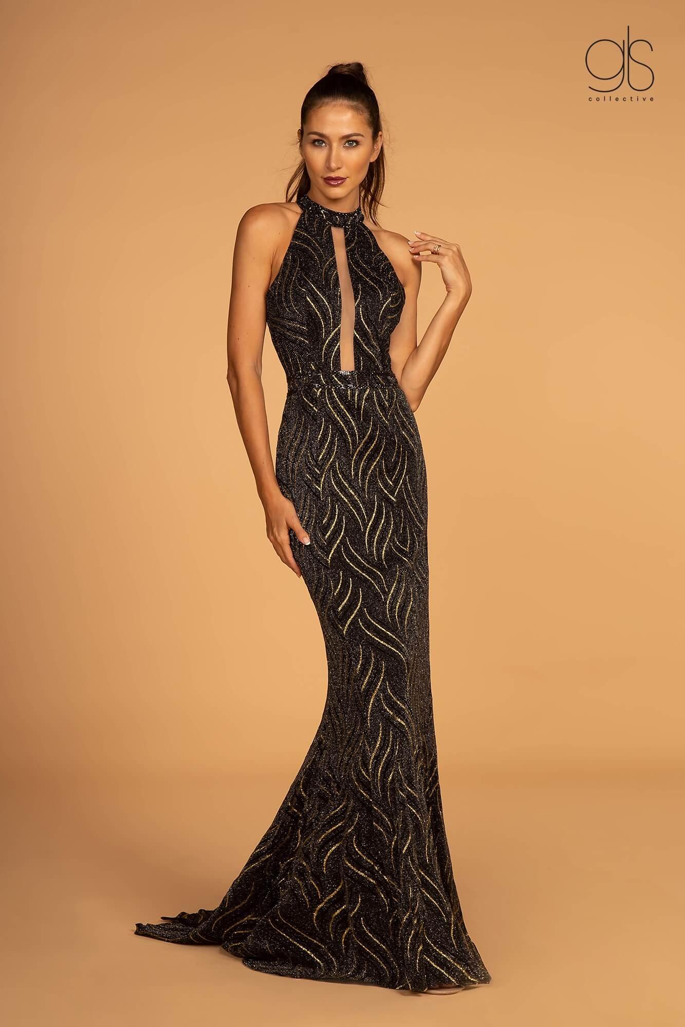 Long Halter Evening Prom Black Tie Dress - The Dress Outlet Elizabeth K
