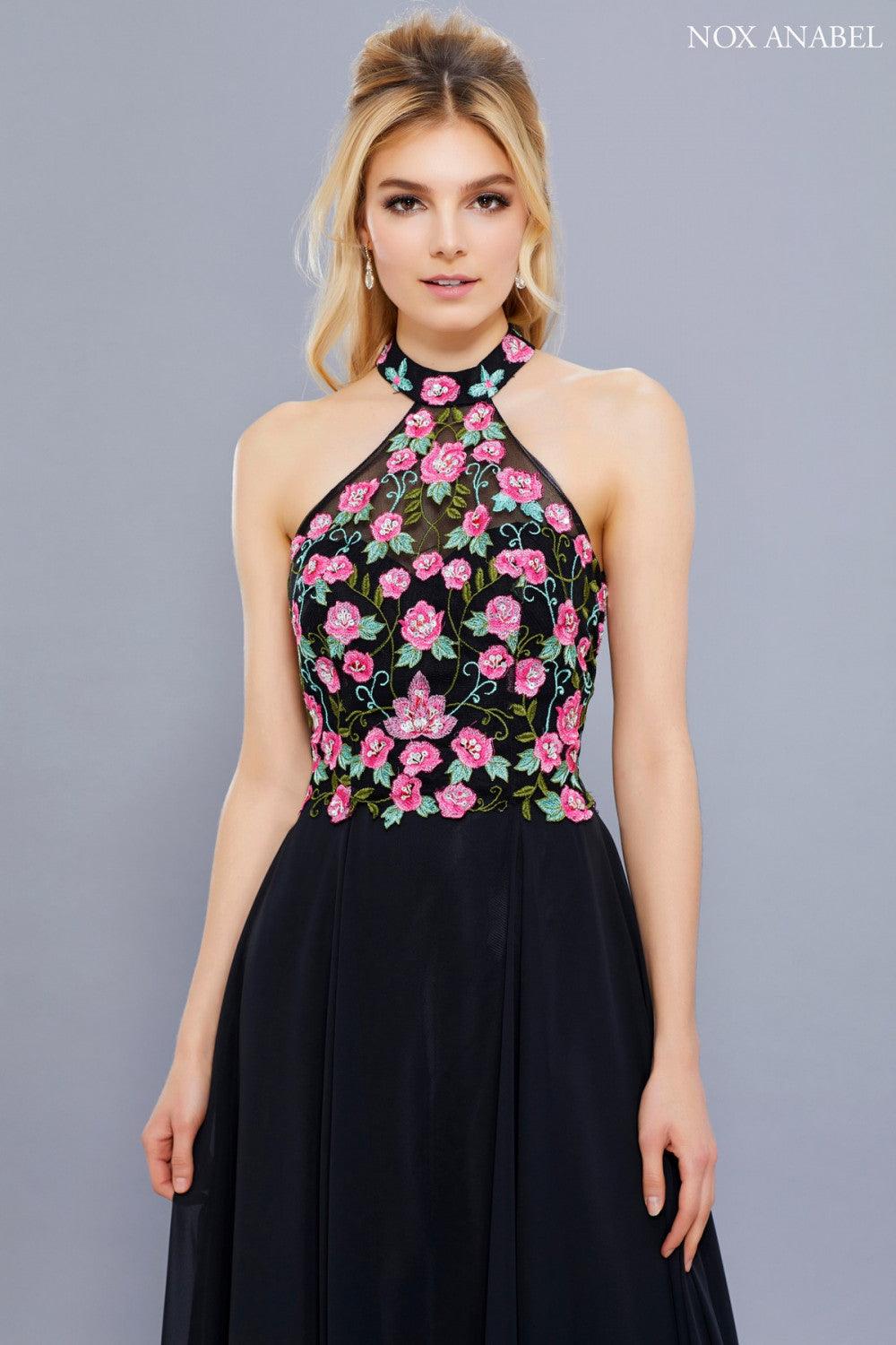 Long Halter Floral Bodice Formal Evening Gown