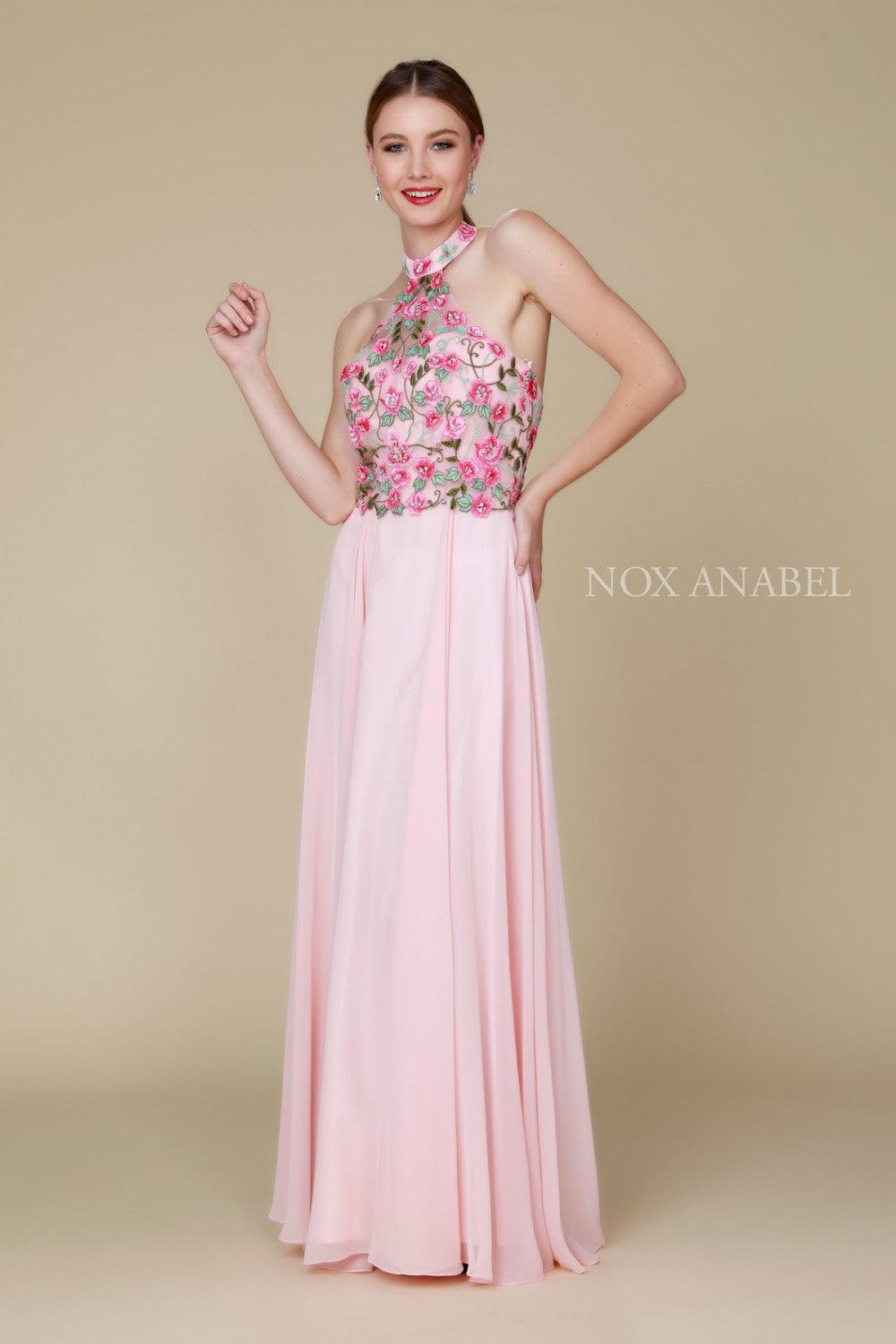 Long Halter Floral Bodice Formal Evening Gown - The Dress Outlet Nox Anabel