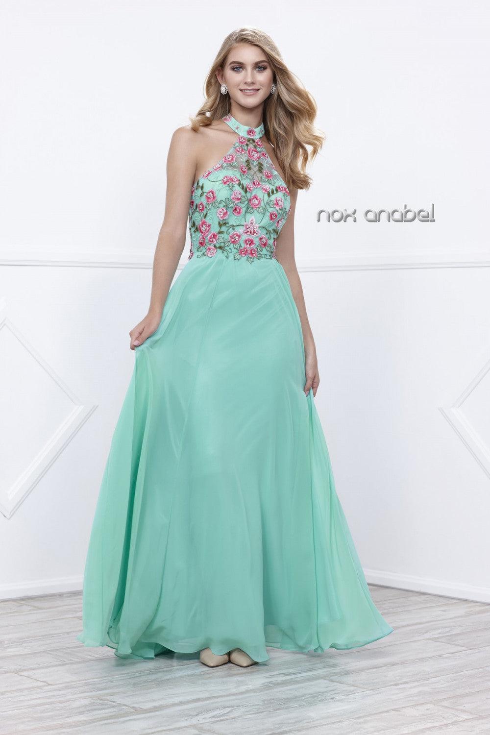 Long Halter Floral Bodice Formal Evening Gown