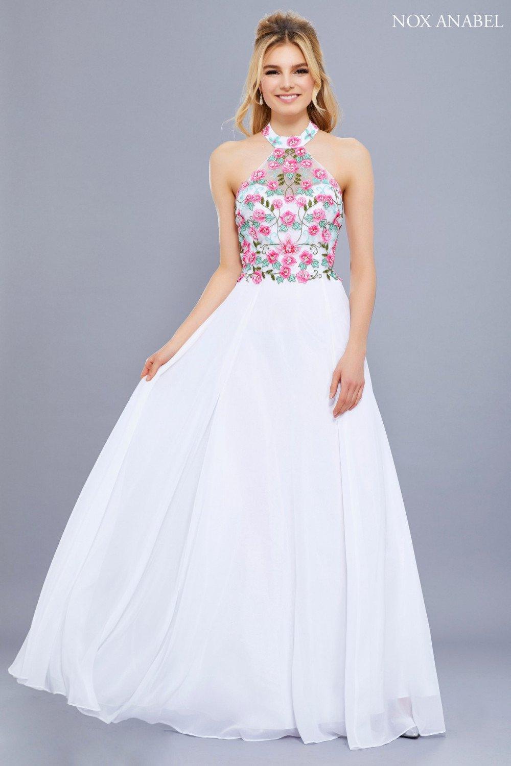 Long Halter Floral Bodice Formal Evening Gown