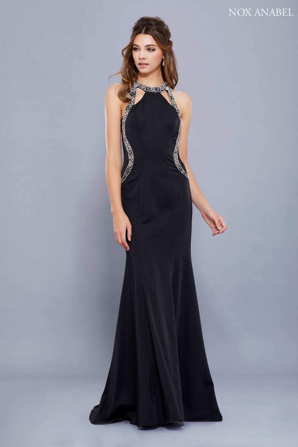 Long Halter Neck Embellished Formal Evening Dress - The Dress Outlet Nox Anabel