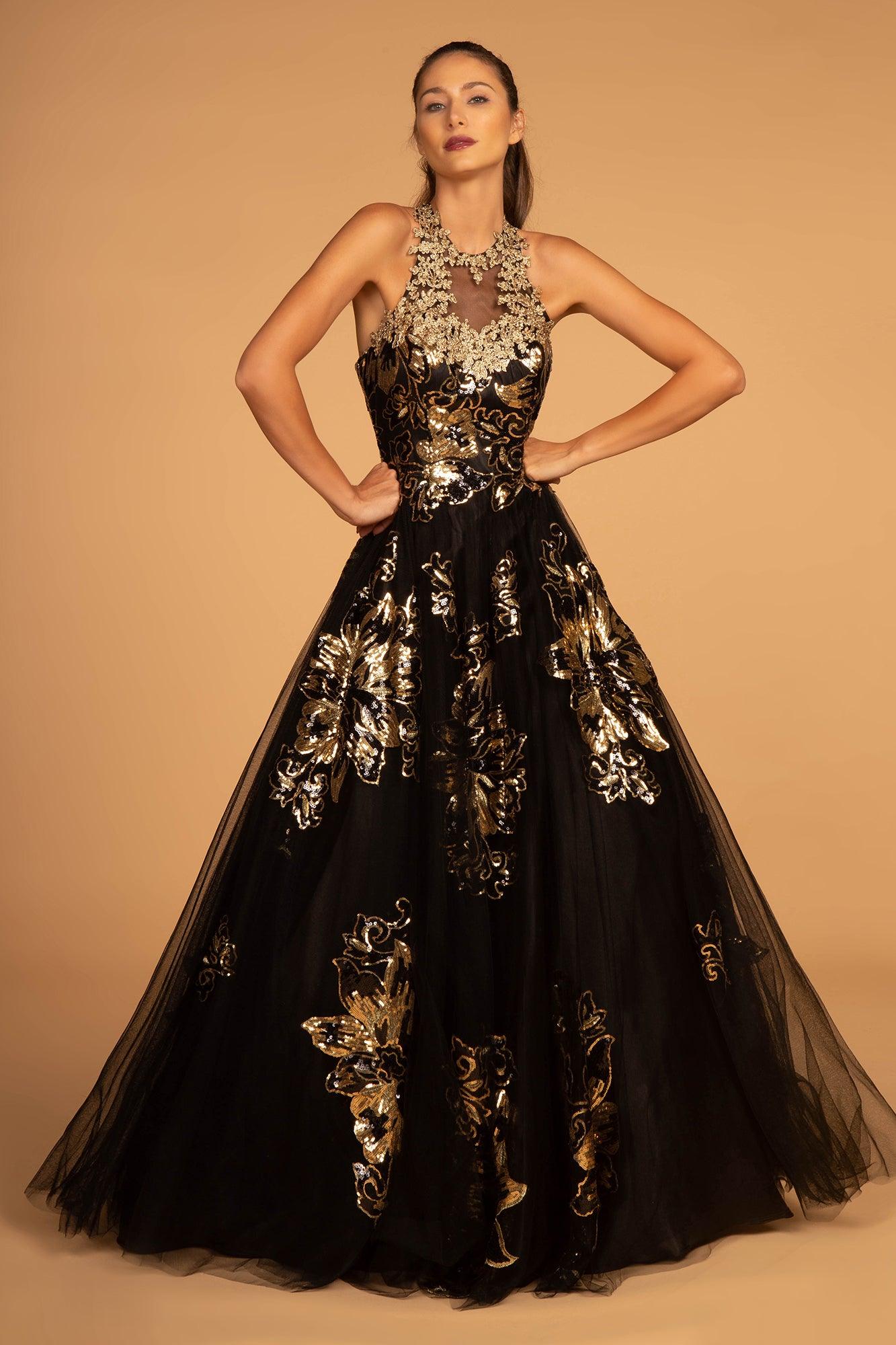 GLS Long Halter Prom Dress Evening Gown - Champagne/Silver - XS - Illusion Neckline & A-Line Skirt GLS Long Halter Prom Dress Evening Gown - Champagne/Silver - XS - Illusion Neckline & A-Line Skirt