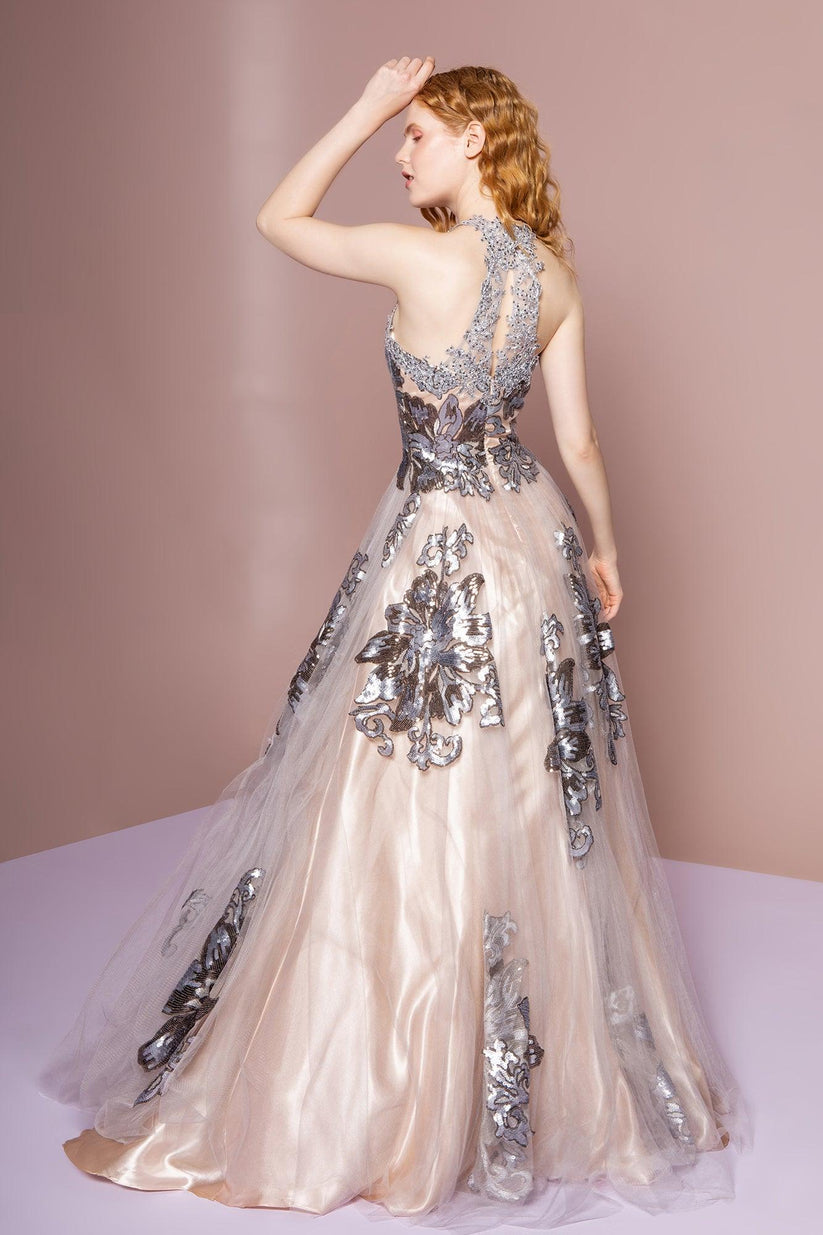 Glitter Champagne Gold Sequin Sheath Prom Dress,Halter Long Evening Dress Y8653