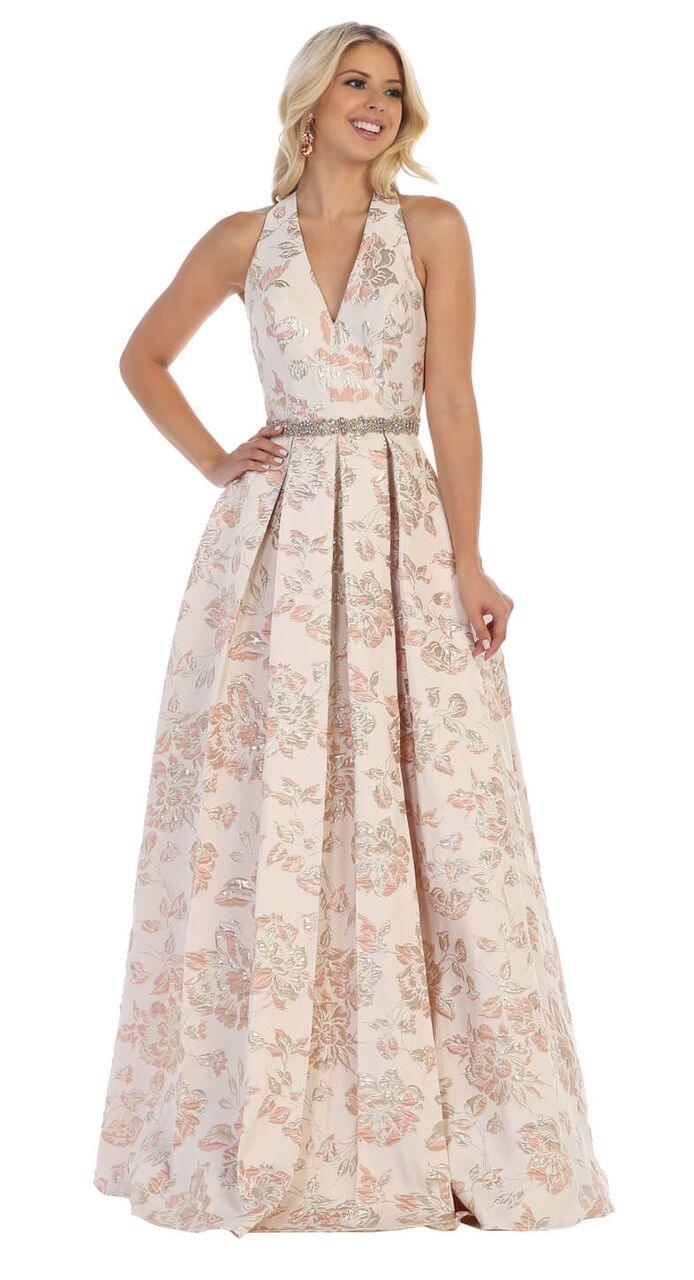Long Halter Prom Dress Floral Print Ball Gown - The Dress Outlet May Queen