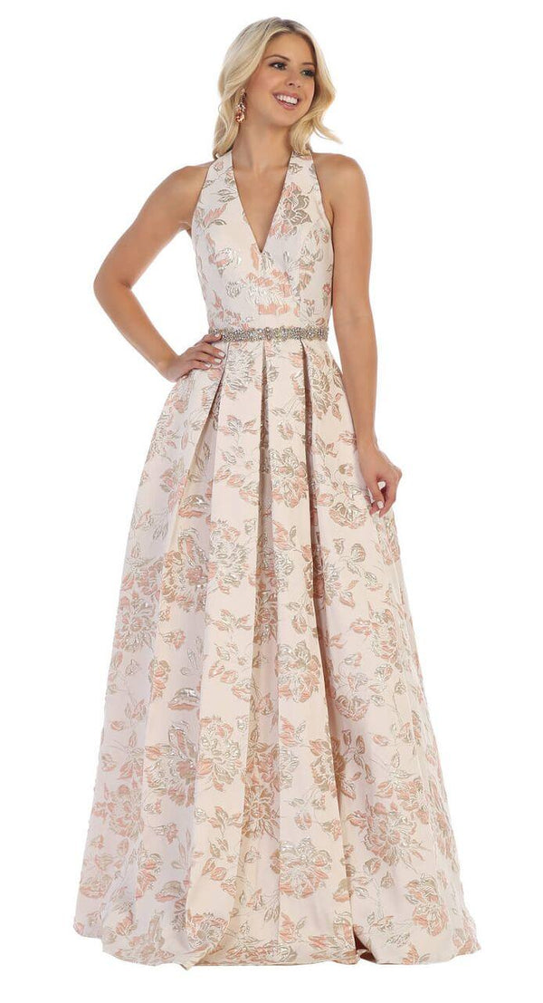 Long Halter Prom Dress Floral Print Ball Gown