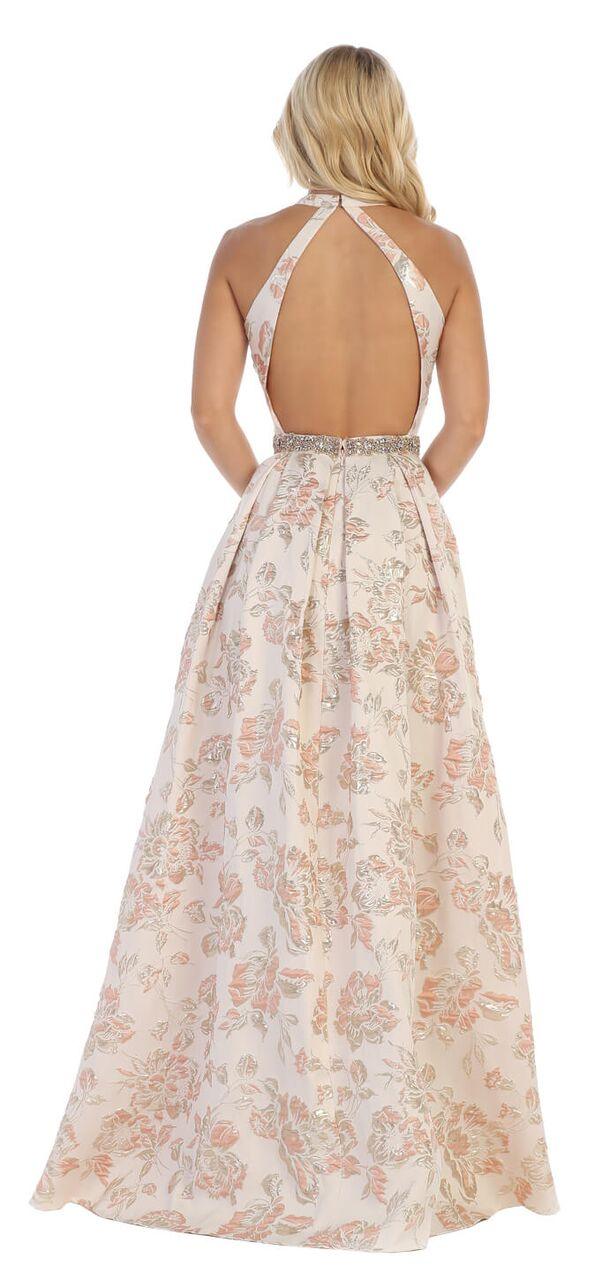 Long Halter Prom Dress Floral Print Ball Gown - The Dress Outlet May Queen