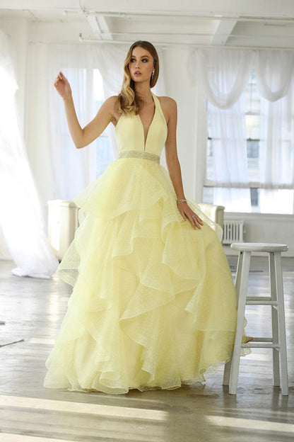 Long Halter V Neck Ruffled Prom Dress Evening Gown Lemon