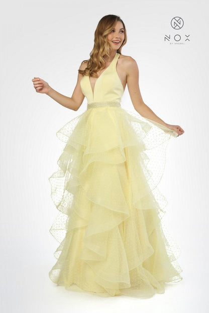 Long Halter V Neck Ruffled Prom Dress Evening Gown Lemon