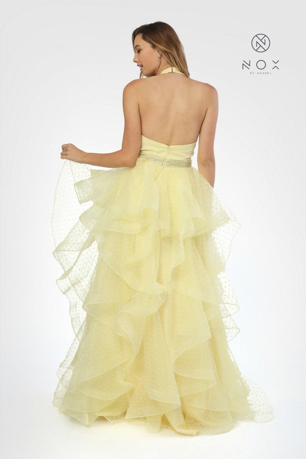Long Halter V Neck Ruffled Prom Dress Evening Gown Lemon