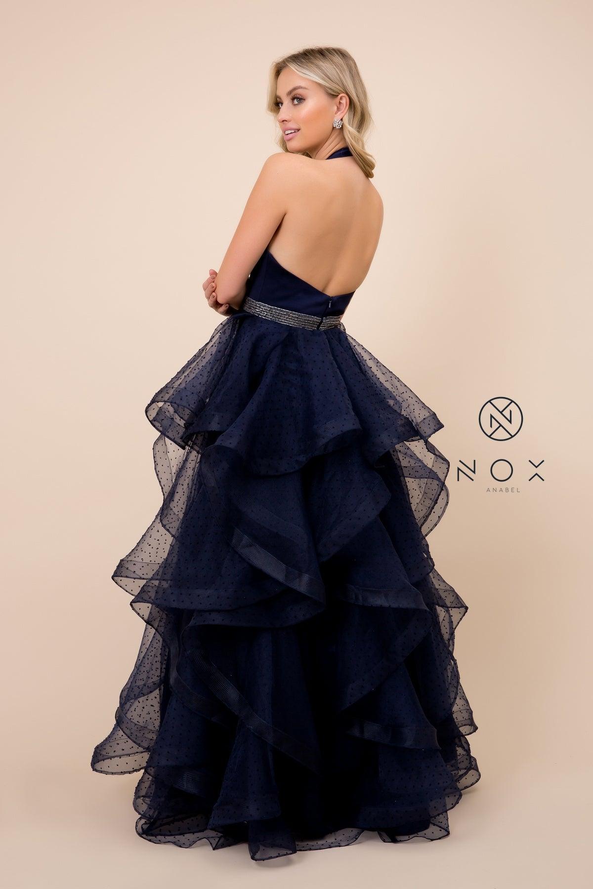 Long Halter V Neck Ruffled Prom Dress Evening Gown Navy