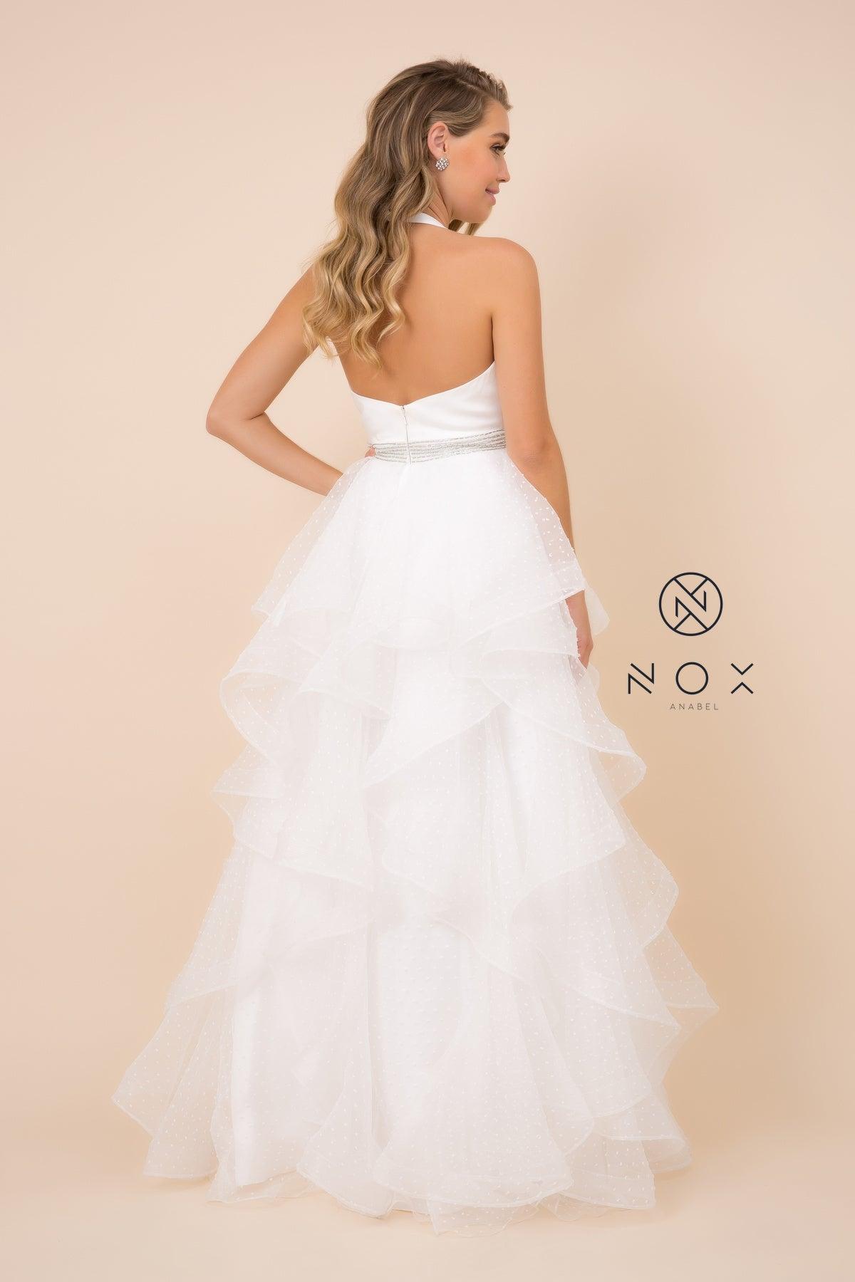 Long Halter V Neck Ruffled Prom Dress Evening Gown White
