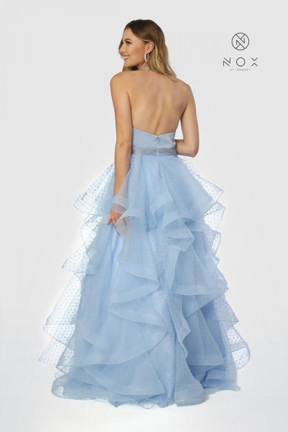 Long Halter V Neck Ruffled Prom Dress Evening Gown Periwinkle