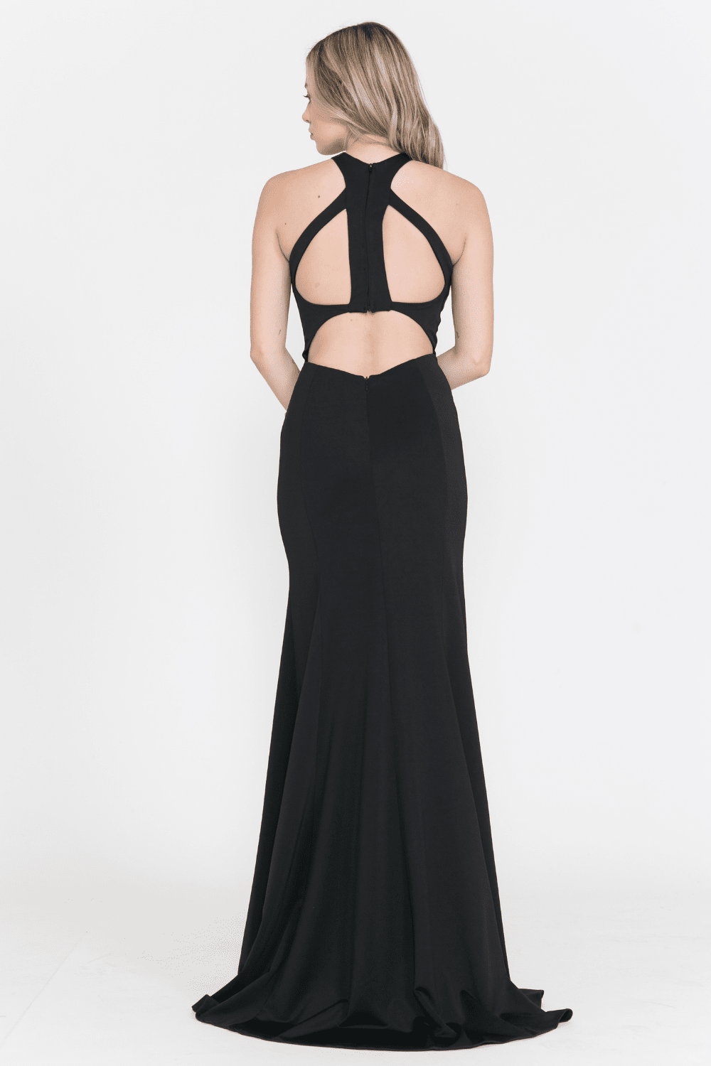 Black Halter Floor-Length Scuba Prom Dress with Plunging Keyhole and Cut-Out Back Poly USA 8296