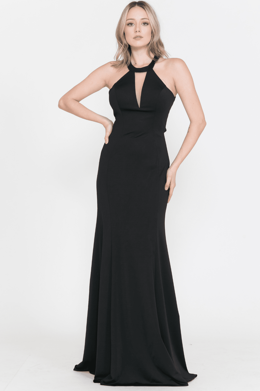 Black Halter Floor-Length Scuba Prom Dress with Plunging Keyhole and Cut-Out Back Poly USA 8296