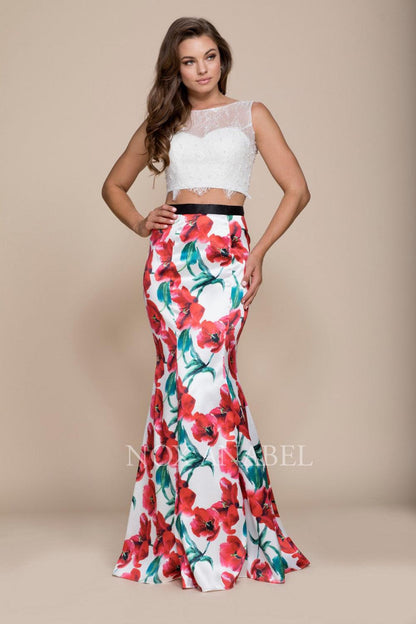 Long High Neck Two Piece Dress With Floral Print Skirt - The Dress Outlet Nox Anabel