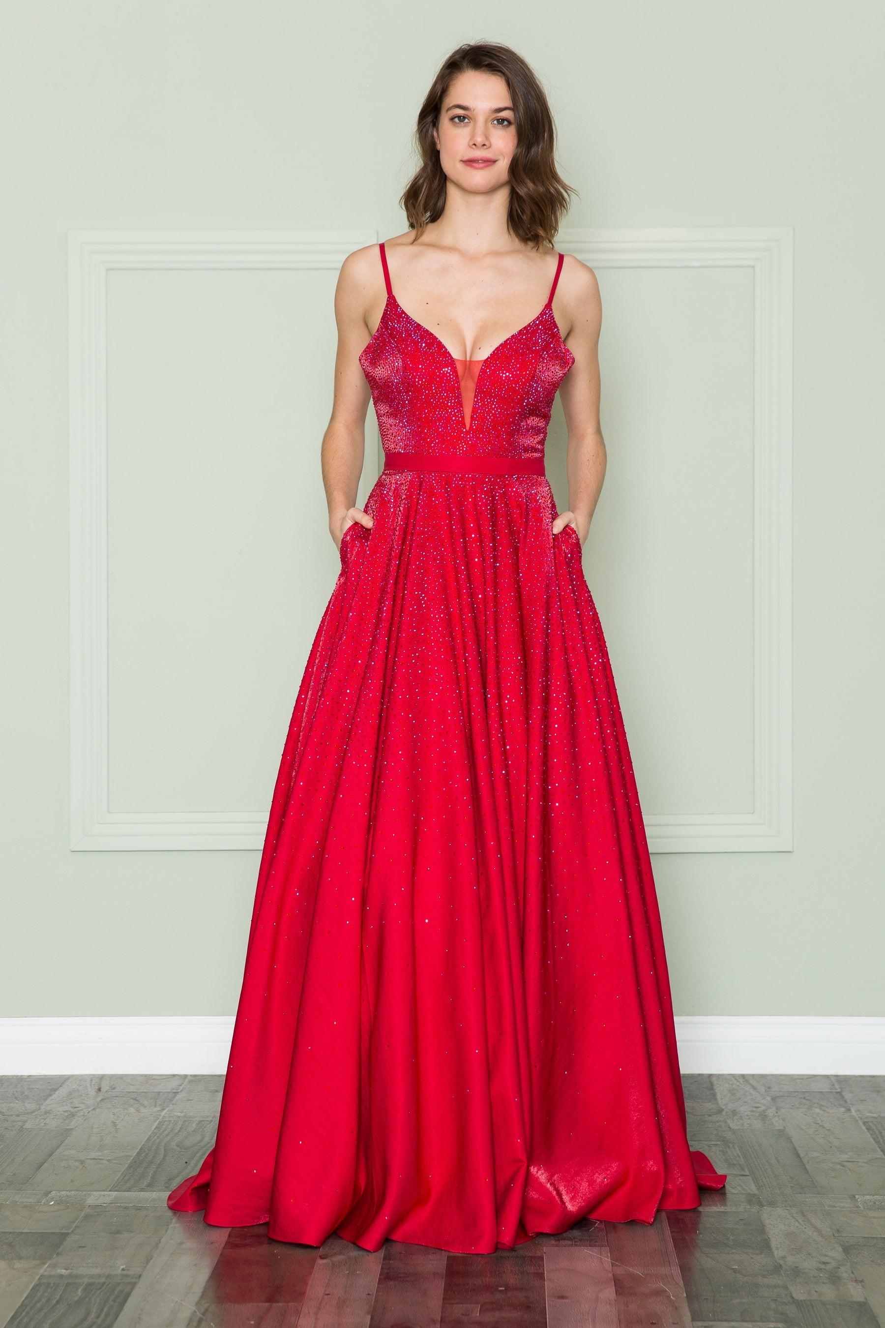 Red V-Neck Floor-Length Sequin Prom Gown with Side Slit Poly USA 8886