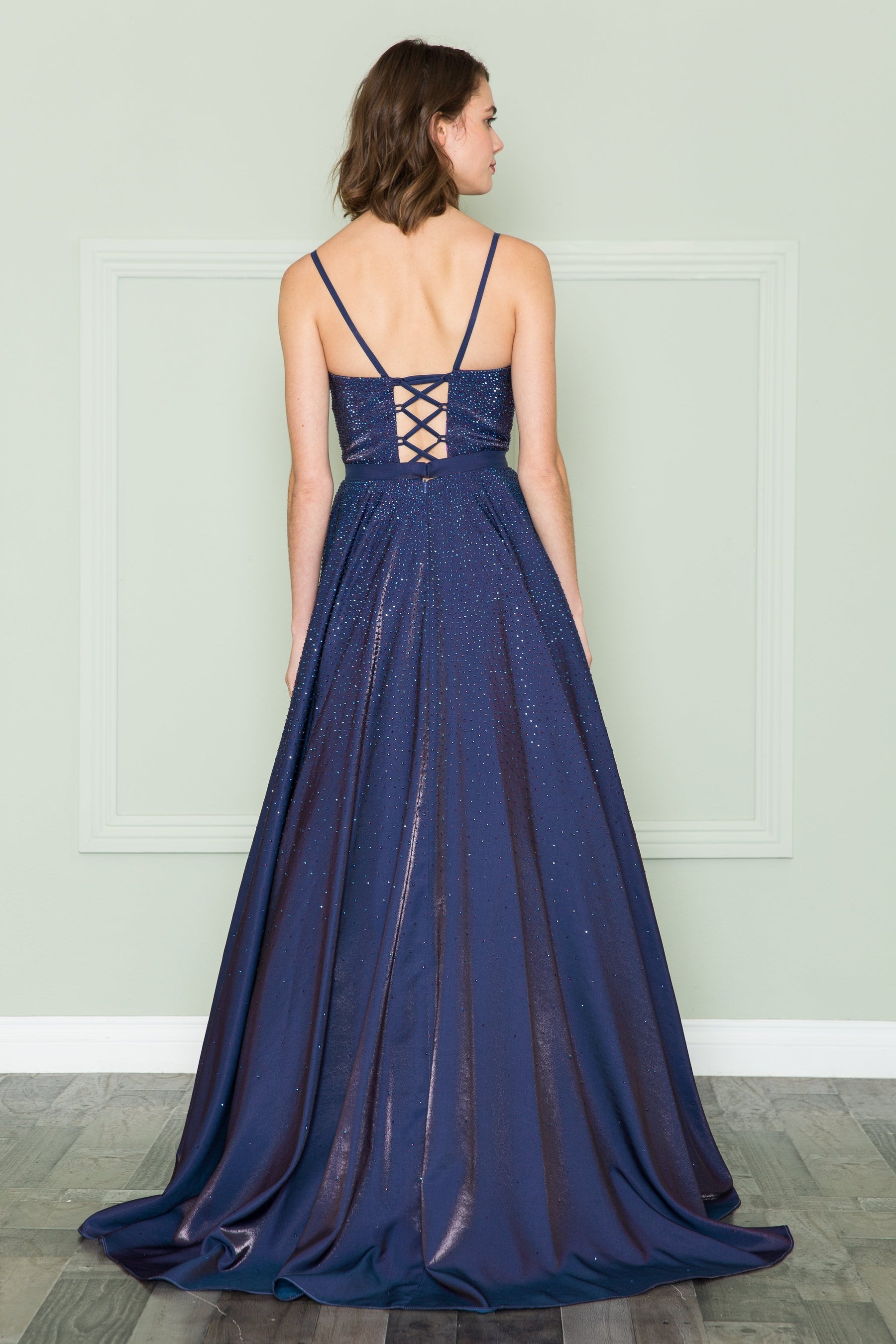 Purple V-Neck Floor-Length Sequin Prom Gown with Side Slit Poly USA 8886