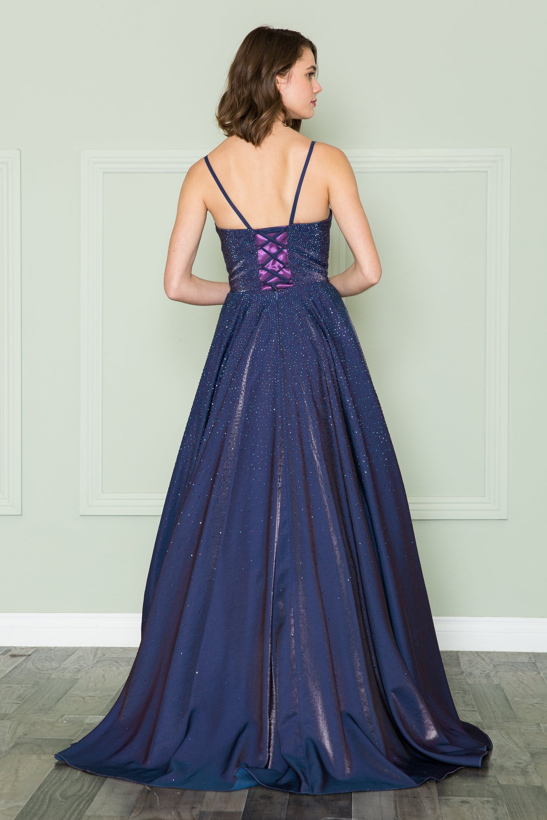 Purple V-Neck Floor-Length Sequin Prom Gown with Side Slit Poly USA 8886